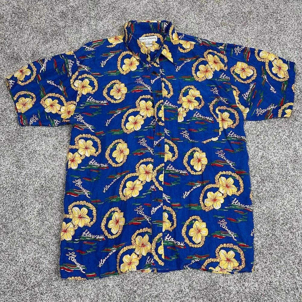Vtg 100% Silk Hawaiian Shirt Mens L Hawaii‎ Silkway Blue Floral